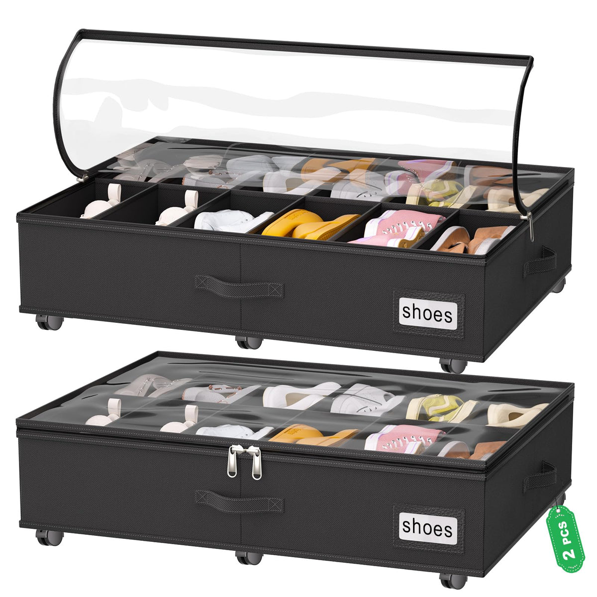 homyfort Under Bed Shoe Storage with Wheels, Fits 24 Pairs, Rolling Shoe Organizer with Bottom Support & Clear Lids, Sturdy Under Bed Storage Box for Shoes, Set of 2, Grey