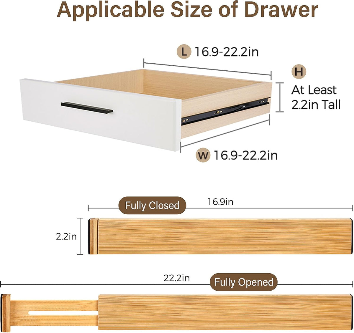 Adjustable Bamboo Drawer Dividers of 8, Expandable Organizers (16.9"-22.2")