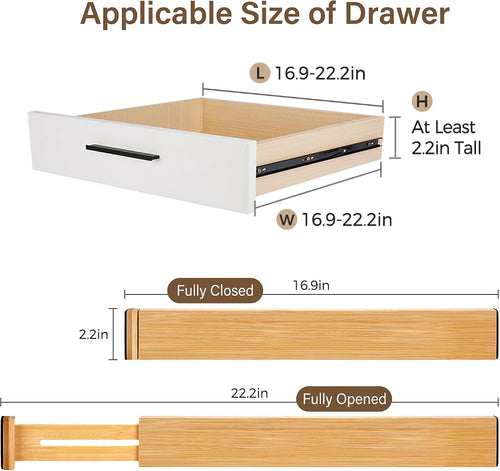Adjustable Bamboo Drawer Dividers of 8, Expandable Organizers (16.9"-22.2")