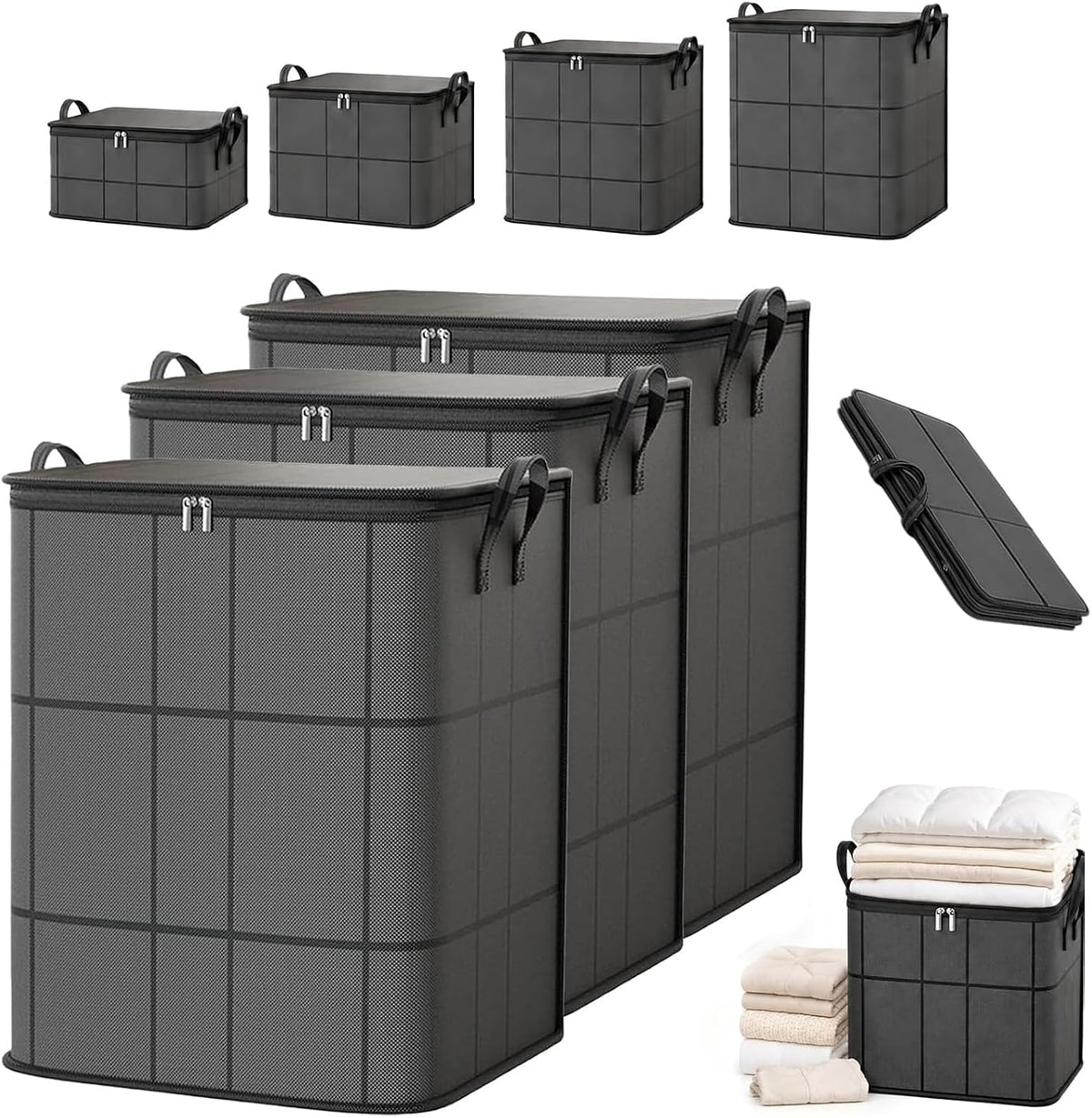 2027 Upgraded XXL Foldable Storage Bag with Reinforced Handles, 220L Fabric Organizer, Portable Moving Storage Bags with Zipper for Bedding, Clothes, Quilts & Moving (3, XXL: 23.6x19.7x27.6 in)