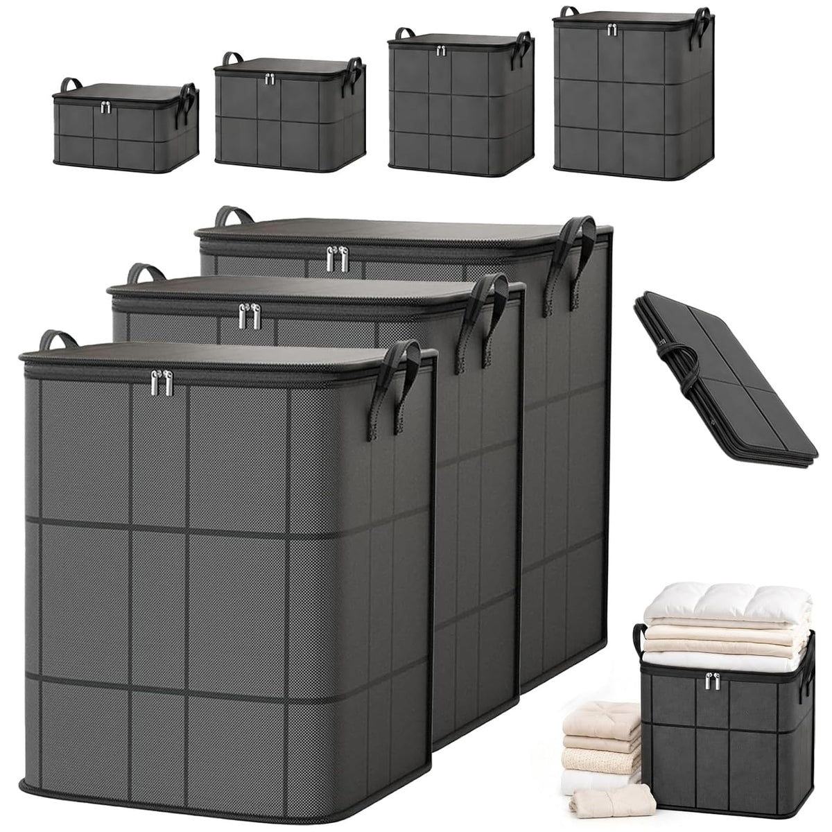 2027 Upgraded XXL Foldable Storage Bag with Reinforced Handles, 220L Fabric Organizer, Portable Moving Storage Bags with Zipper for Bedding, Clothes, Quilts & Moving (3, XXL: 23.6x19.7x27.6 in)