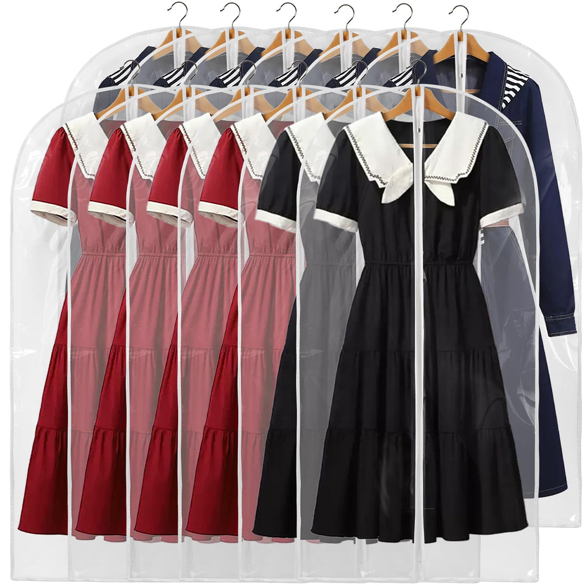 40" All Clear Garment Bags for Hanging Clothes, 12 Packs Suit Bags for Closet Storage, Plastic Waterproof Suit Cover Bags with Zipper for Coats, Jackets, Shirts (Set of 12)