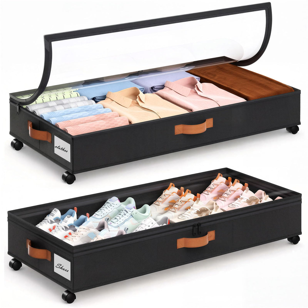 Yecaye Under Bed Storage with Wheels, 2 Pack Under Bed Storage Containers with Adjustable Dividers & Clear Lid, Rolling Underbed Organizer Bins Drawer for Clothes, Shoes, Blankets(30.3 x 16 x 6.7in)
