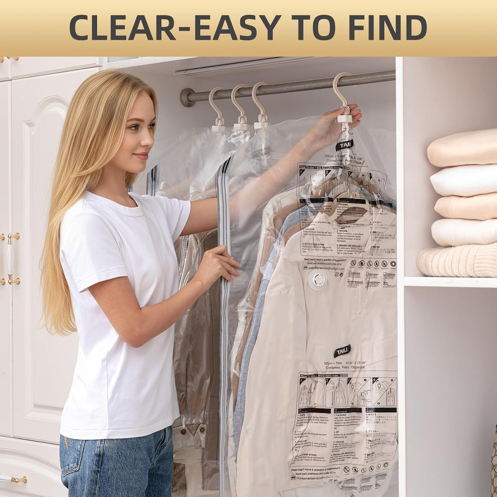 TAILI Hanging Vacuum Storage Bags for Clothes Space Saver 4 Combo Clear