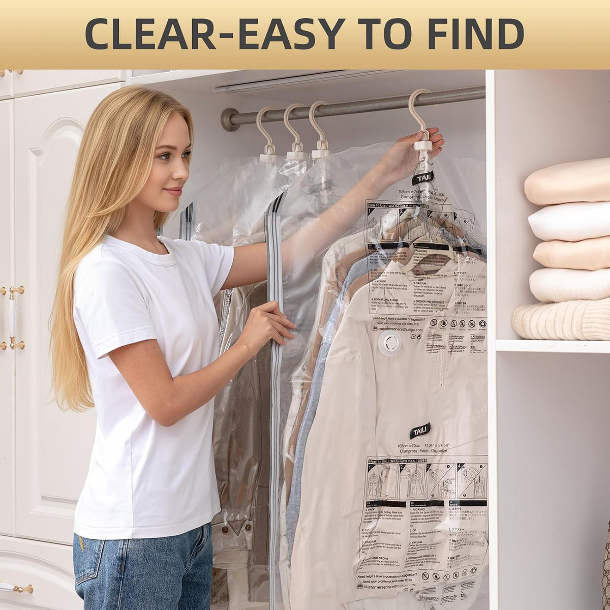 TAILI Hanging Vacuum Storage Bags for Clothes Space Saver 4 Combo Clear