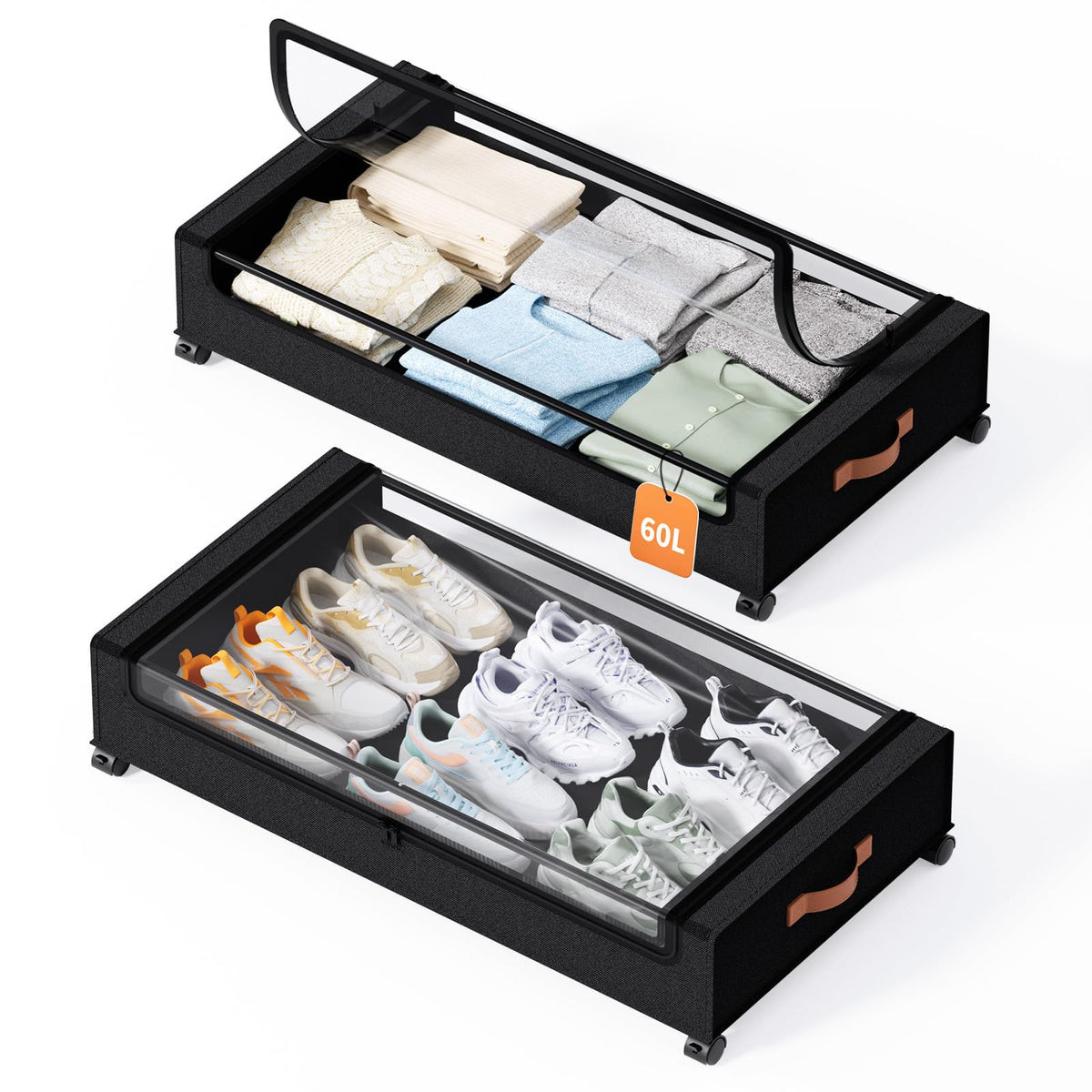Yecaye Under Bed Storage with Wheels, 2 Pack Under Bed Storage Containers, 60L Underbed Shoe Storage with Clear Window & Label, Rolling Under Bed Metal Drawer for Clothes, Shoes, Books, Blankets