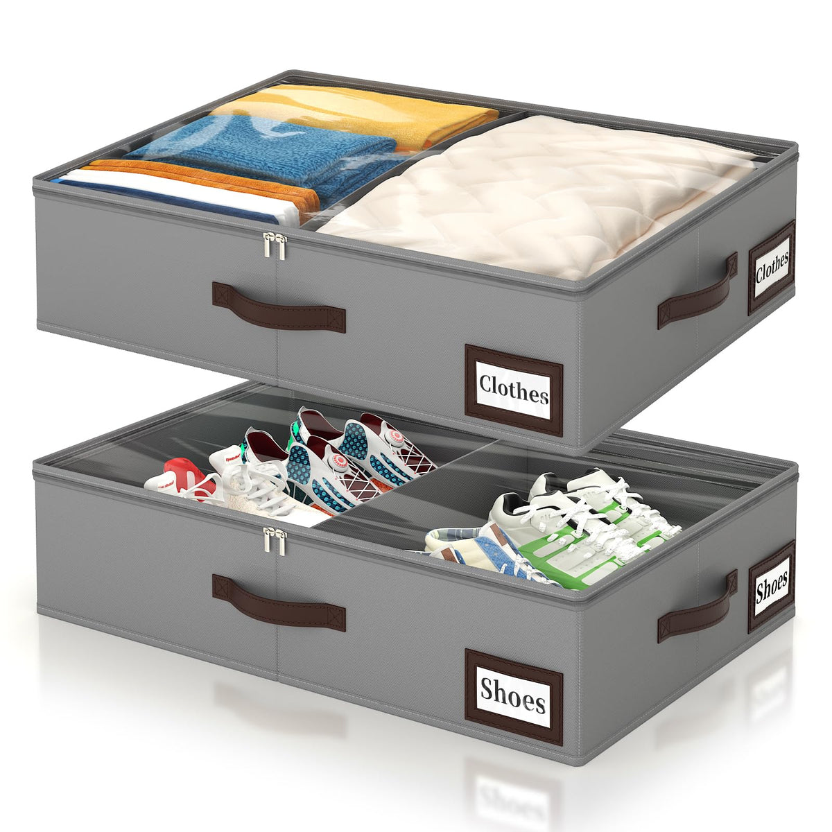OIAHOMY 2 Pack 53L Under Bed Storage with Adjustable Dividers, 6" Low Profile Underbed Storage Bins for Comforters & Clothes, Save Closet Space with Clear View Lid & Reinforced Handles, Grey