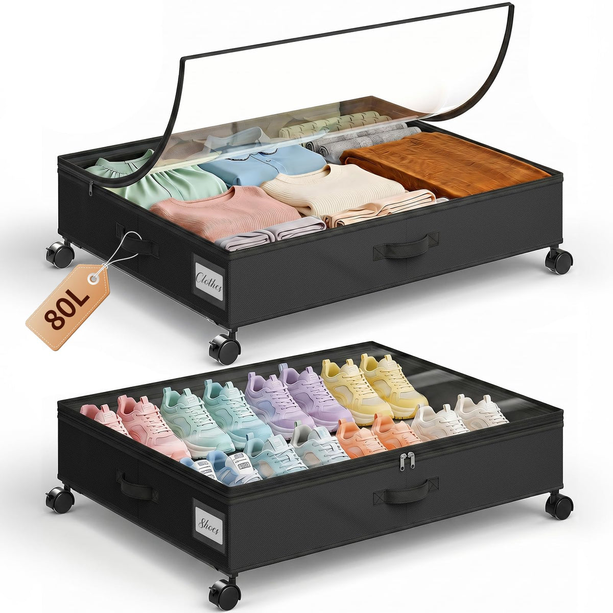 Yecaye Under Bed Storage with Wheels, 2 Pack Under Bed Storage Containers with Adjustable Dividers & Clear Lid, Rolling Underbed Organizer Bins Drawer for Clothes, Shoes, Blankets(30.3 x 16 x 6.7in)