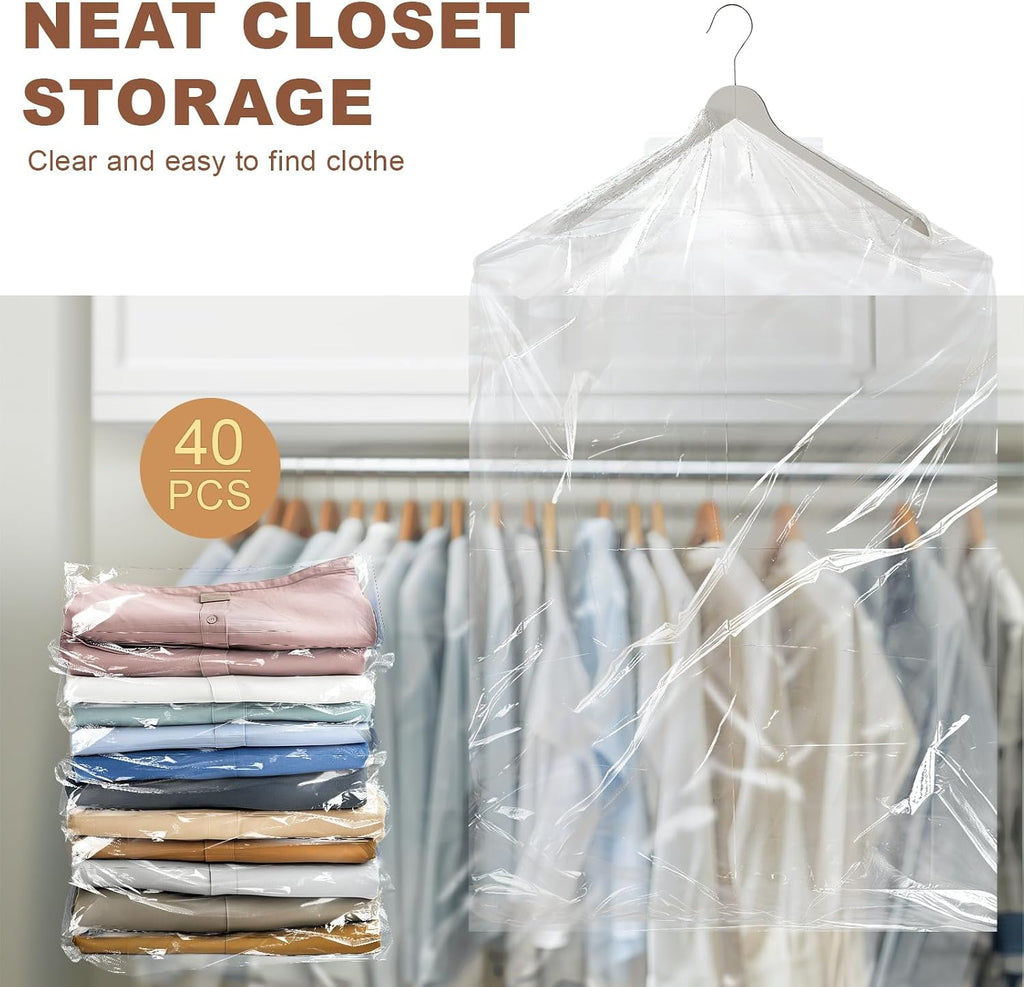 Gretchin 40 Pack Garment Bags - Set of 40, 60x90cm Plastic Dry Cleaning Bags for Hanging Clothes Storage