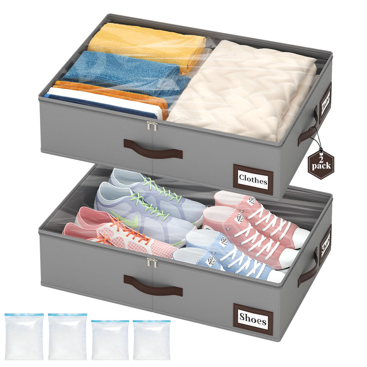 OIAHOMY 2 Pack Under Bed Storage with Handles, Underbed Container for Bedroom & Closet, Fits Beds Higher than 6", Under the Bed Storage for Seasonal Clothes, Blankets & Shoes - Grey