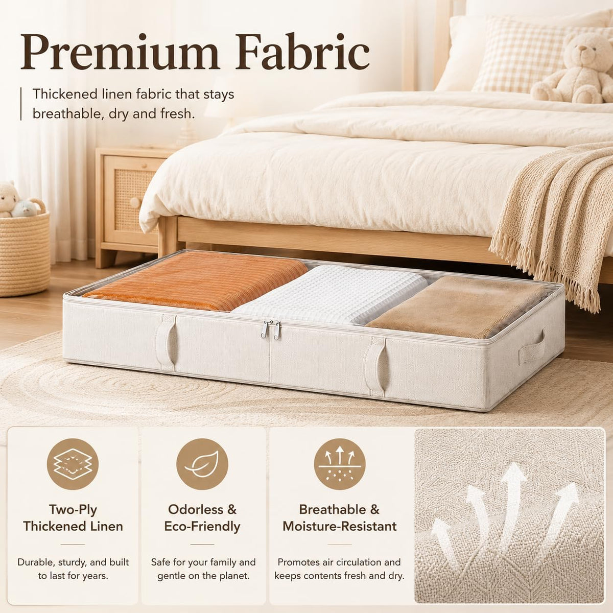 Vailando Side-Supported Under Bed Storage Containers, 6 Inches Tall 60L Underbed Storage Bins with Sturdy Handles and Sidewalls, Closet Organizer for Clothes, Blankets, Seasonal Items, Beige, 2-Pack
