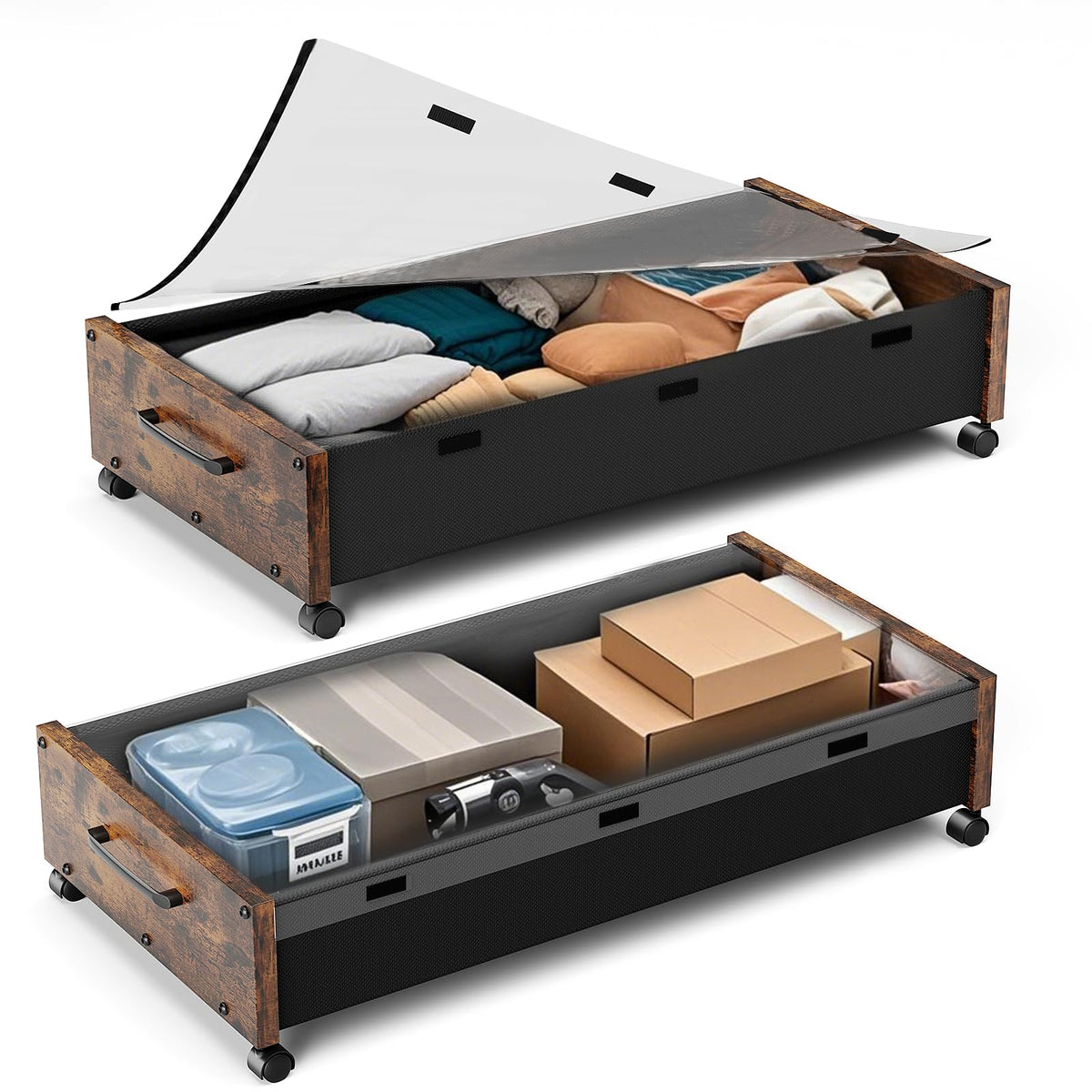 KITHELP Wooden Under Bed Storage with Wheels, Rolling Under the Bed Storage Bins with Removable Lid, Metal Under Bed Drawers for Clothes and Shoes in Bedroom or Living Room(Vintage Brown-2pack)