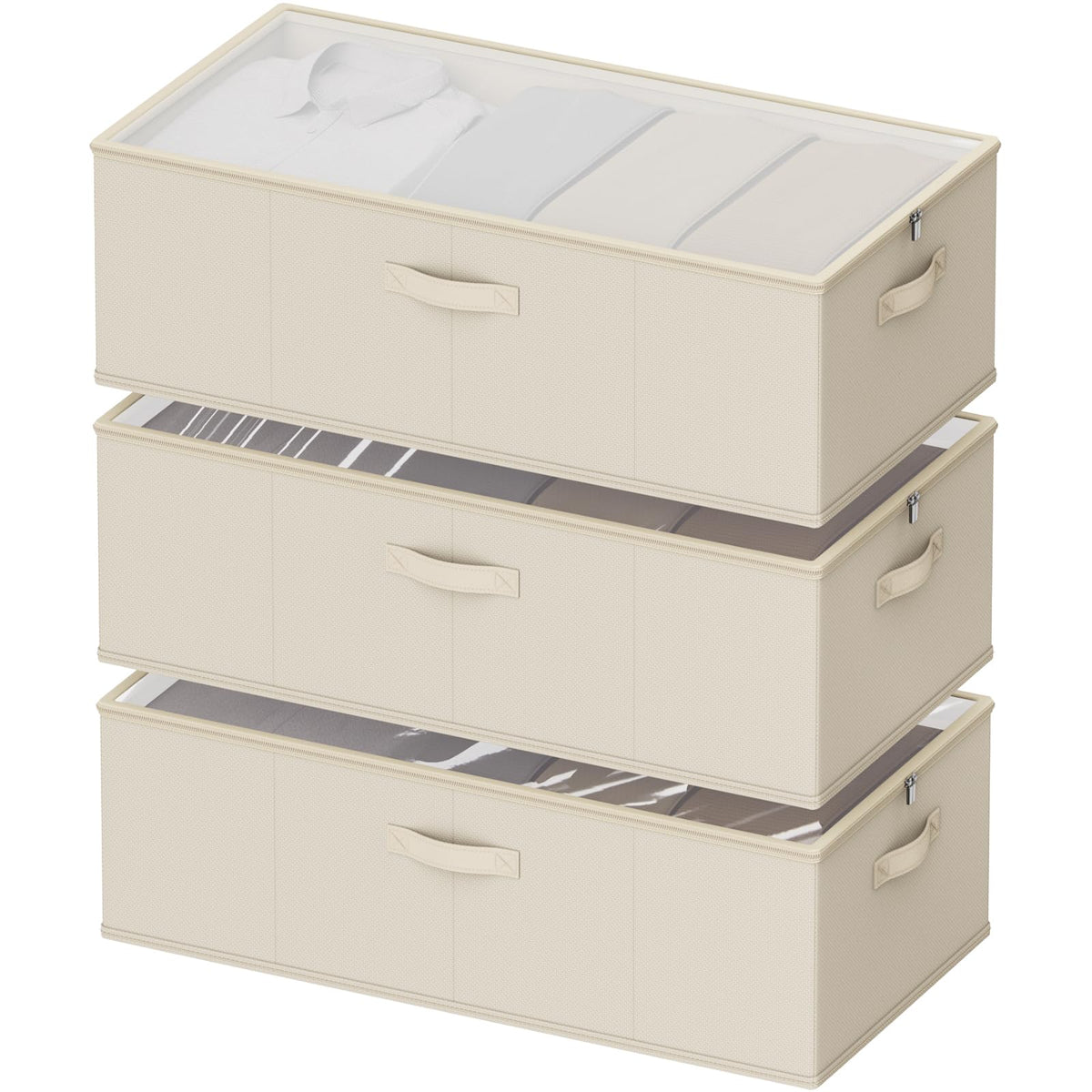 10inch 3 Pack Under Bed Storage Containers, 10 Inch Tall Underbed Clothes Storage Organizer Bin with Clear Window，Foldable Box Basket for Clothes, Closet, Bed Sheets and Blankets Beige