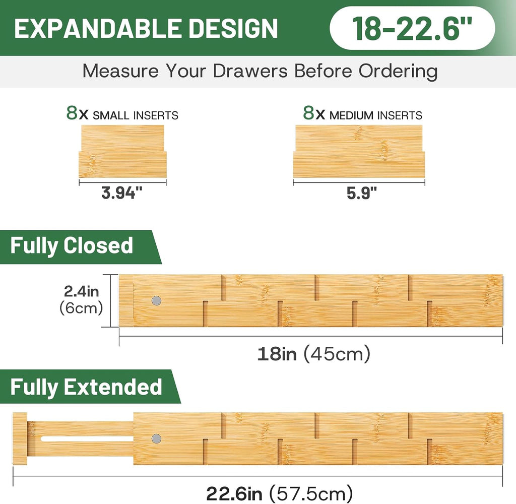kiplant Kitchen Drawer Dividers - Adjustable Drawer Organizer for Clothes, Kitchen, Closet & Office - 8 Pack with Inserts, 18-22.6 Inches, Non-Slip Silicone Ends