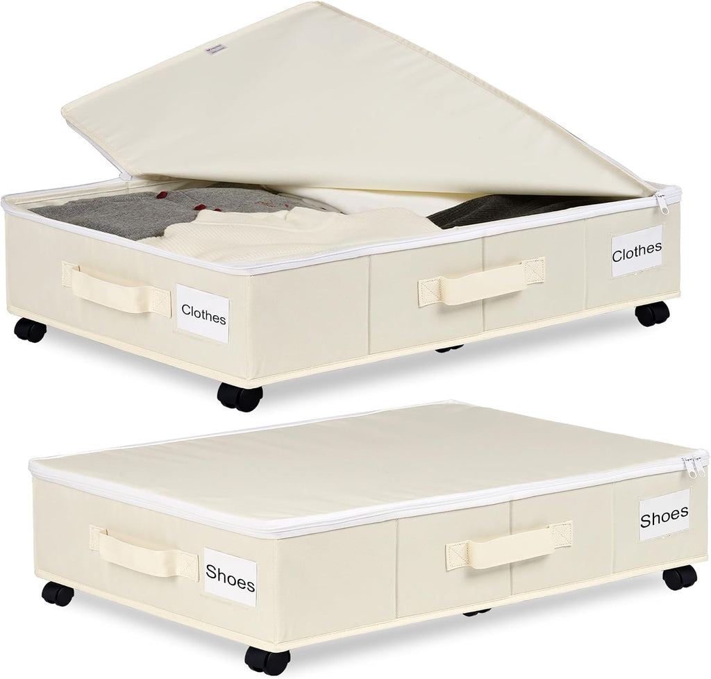 Vincona Under Bed Storage with Wheels, 2 Pack Under Bed Storage Containers with Label Holders for Clothes, Shoes and Blankets, Rolling Underbed Shoe Organizer with Cover, Beige (30.71x15.7x7.28 in)