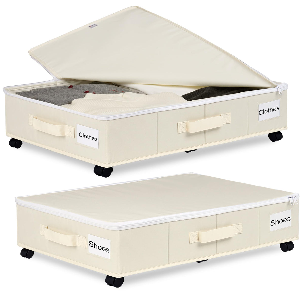 Vincona Under Bed Storage with Wheels, 2 Pack Under Bed Storage Containers with Label Holders for Clothes, Shoes and Blankets, Rolling Underbed Shoe Organizer with Cover, Beige (30.71x15.7x7.28 in)
