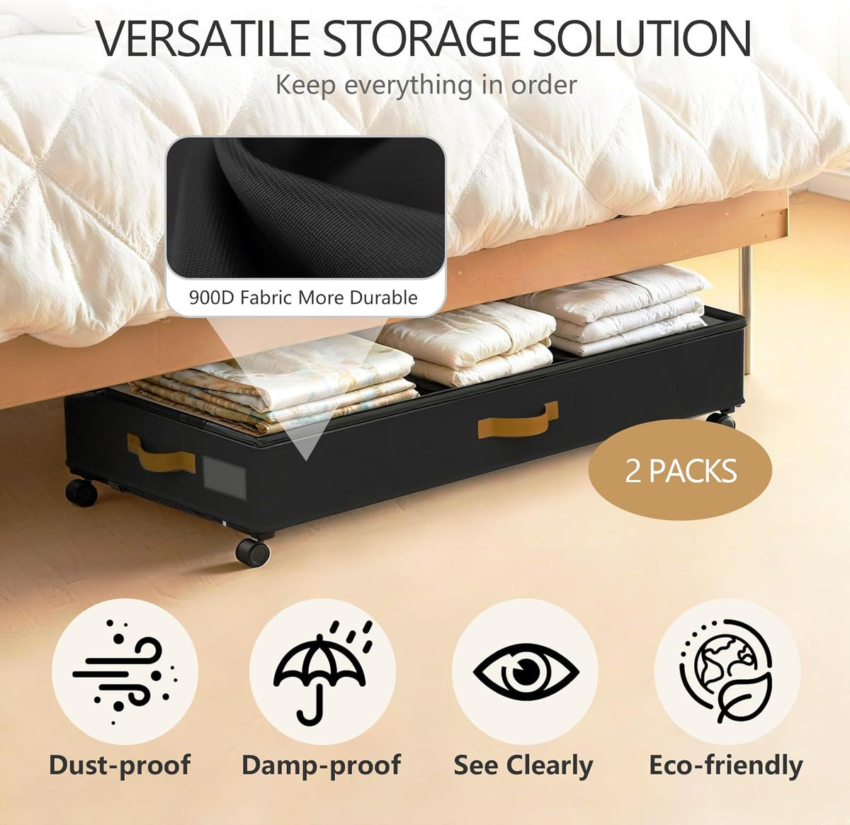 Under Bed Storage with Wheels 2-Pack, 75L XXL Under the Bed Storage Containers Large, 12" Tall Adjustable Storage for Underbed with Lids, Rolling for Clothes, Shoes, Blankets (Black)