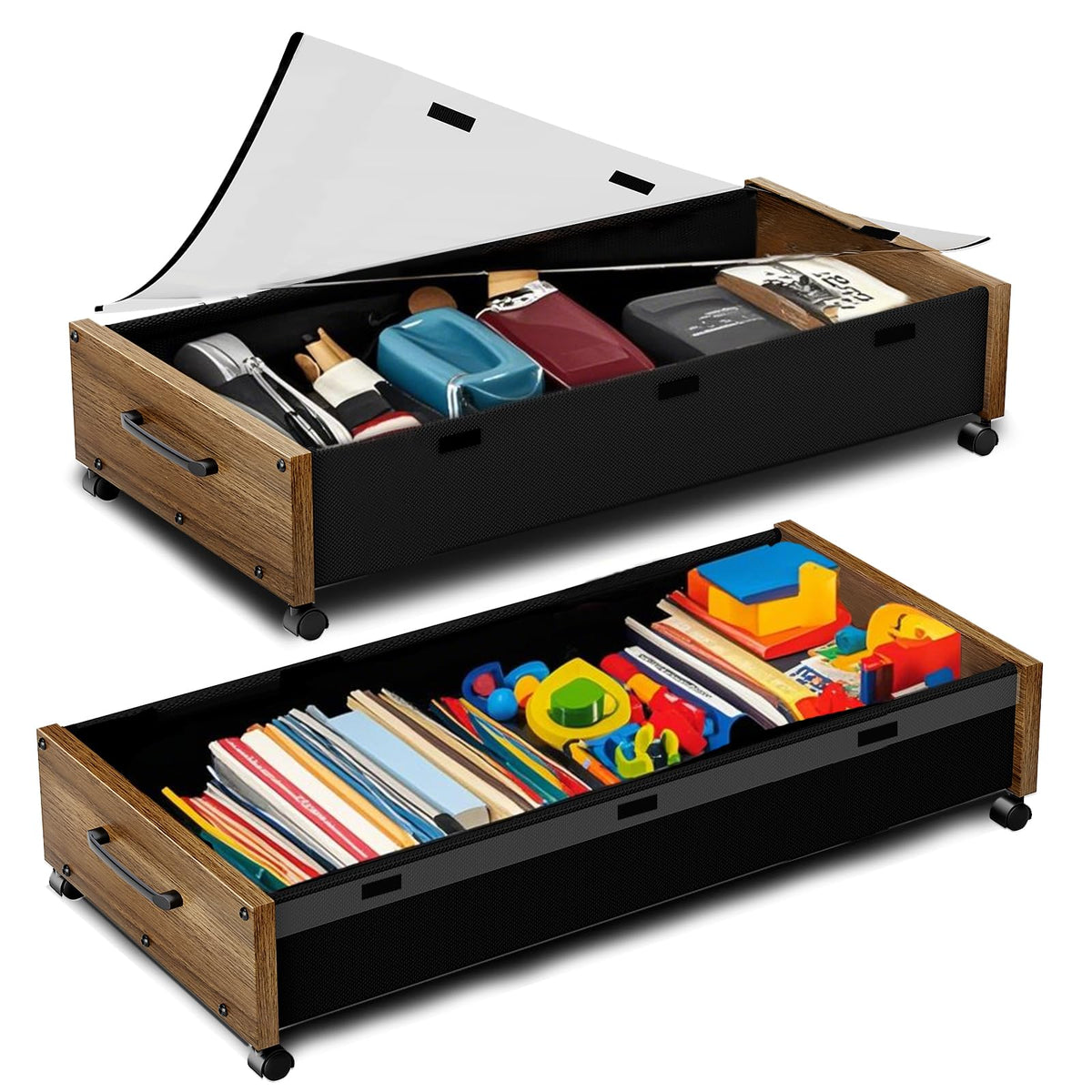 KITHELP Wooden Under Bed Storage with Wheels, Rolling Under the Bed Storage Bins with Removable Lid, Metal Under Bed Drawers for Clothes and Shoes in Bedroom or Living Room(Vintage Brown-2pack)
