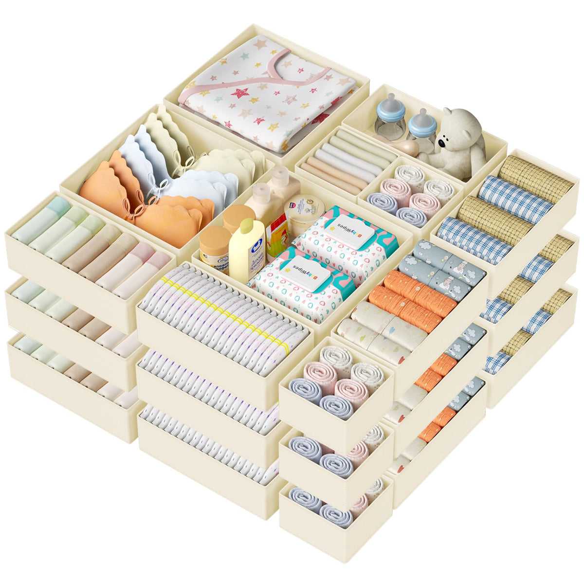 DIMJ Drawer Organizer Clothes 15 Pack - Foldable Baby Organizers and Storage & Closet Organizers for Bedroom, Closet - Nursery Organization Dresser Dividers for underwear, Sock,Bra, Belt, Tie, Beige