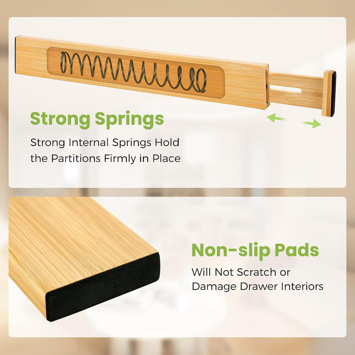 Fyvva Drawer Organizer, Spring-Loaded Expandable Bamboo Dividers 8-Pack