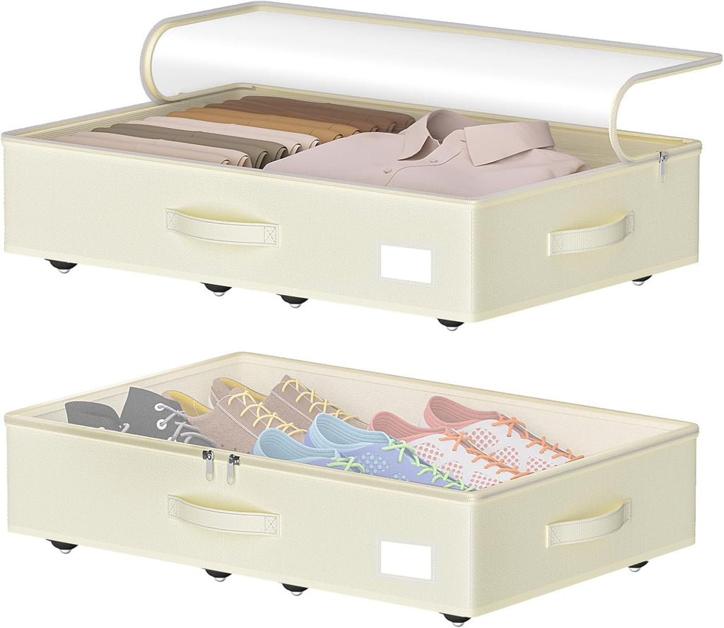 EE-RoomWorld Under Bed Storage with Wheels, No Assemble Required 5.5 inches height beige under bed storage bins,Low Profile Rolling Underbed Shoe Storage containers，dorm underbed storage drawers
