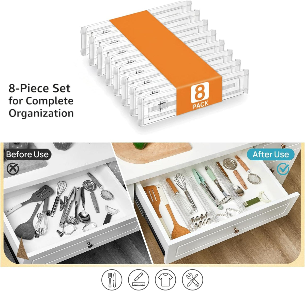 Acrylic Drawer Dividers – Adjustable 11–20.8 Inch Expandable Deep Dresser Drawer Dividers – Clear Plastic Drawer Separators for Baby Clothes, Underwear, Kitchen & Office Storage.