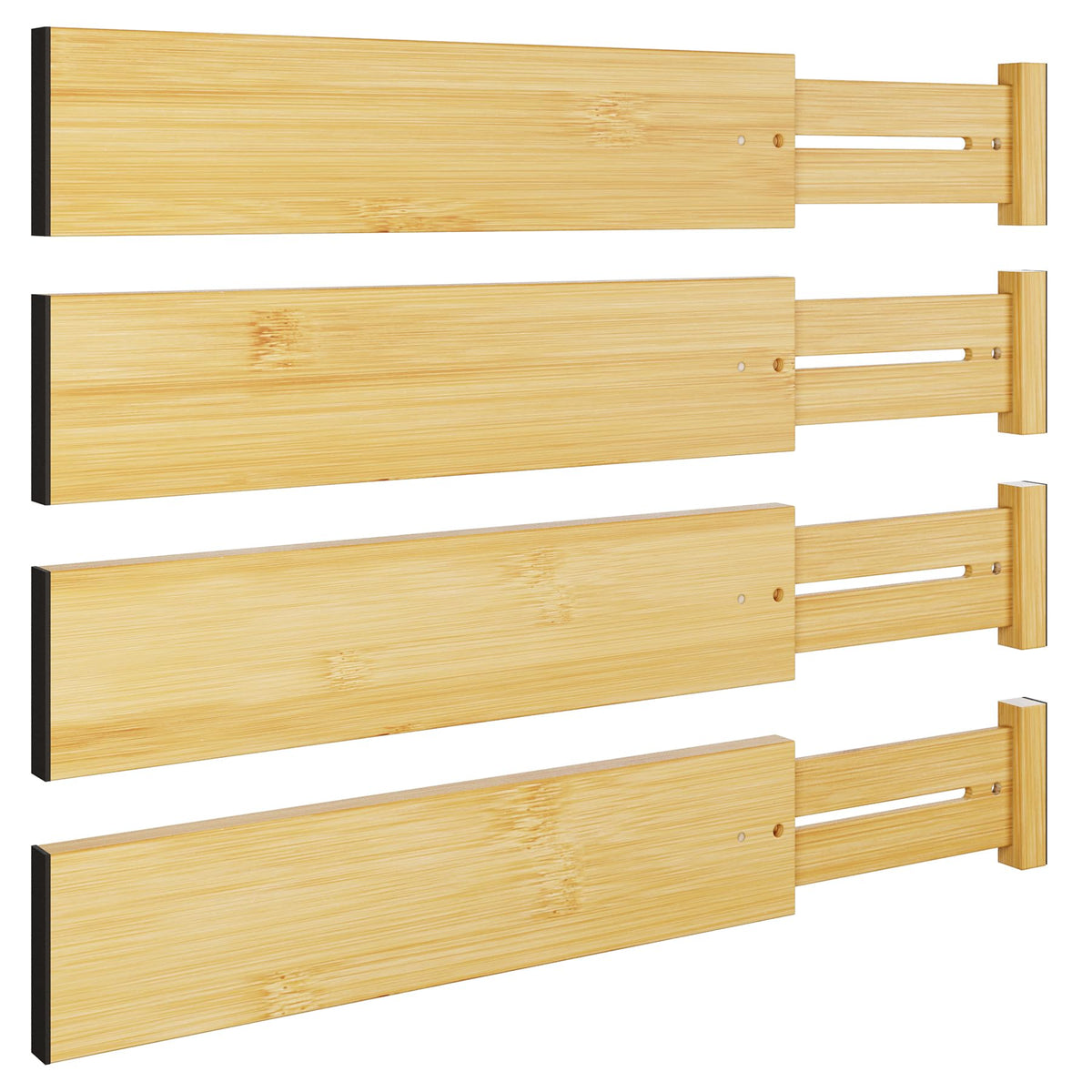 BAMEOS Bamboo Expandable Drawer Dividers – Fits 16.6"–22" Drawers, 2" High, Set of 4 | Spring-Loaded Bamboo Separator for Kitchen Island, Bathroom Vanity & Dresser Drawers