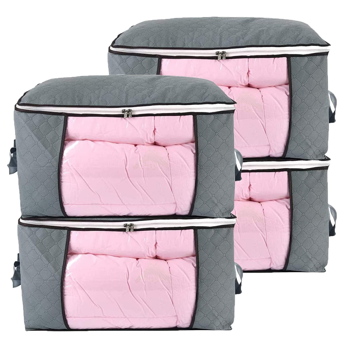 combocube Comforter Storage Bag, Zippered Bag with Large Clear Window and Carry Handles, Space Saver Organizers for Closet, Blanket, Pillow, Quilt, Bedding, Clothes (2Pcs Grey Large)
