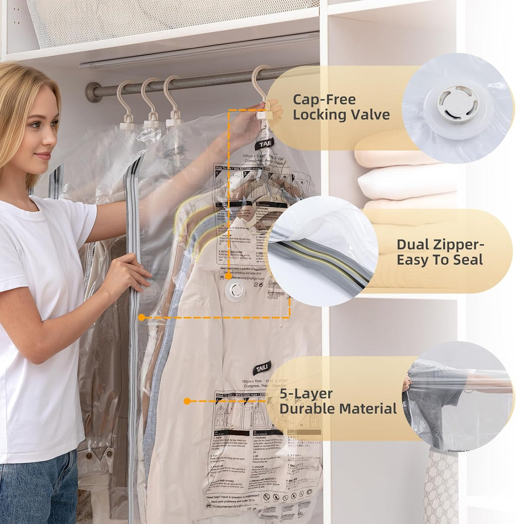 TAILI Hanging Vacuum Storage Bags for Clothes Space Saver 4 Combo Clear