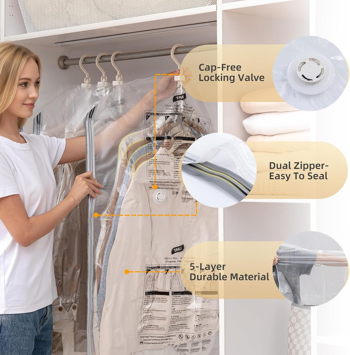 TAILI Hanging Vacuum Storage Bags for Clothes Space Saver 4 Combo Clear