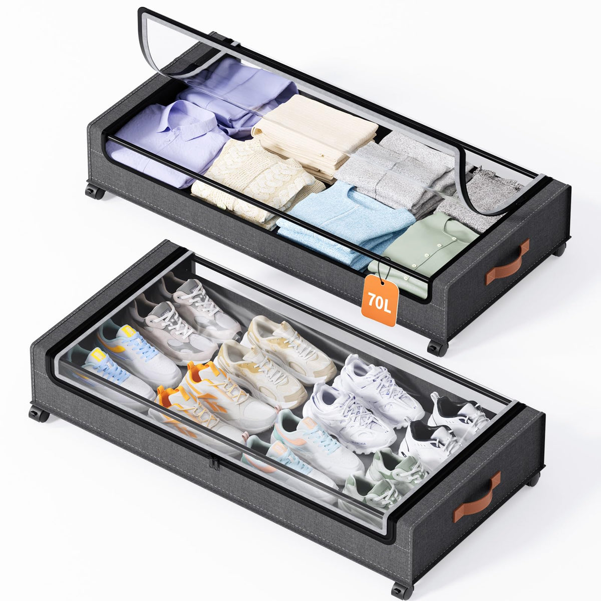 Yecaye Under Bed Storage with Wheels, 2 Pack Under Bed Storage Containers, 60L Underbed Shoe Storage with Clear Window & Label, Rolling Under Bed Metal Drawer for Clothes, Shoes, Books, Blankets