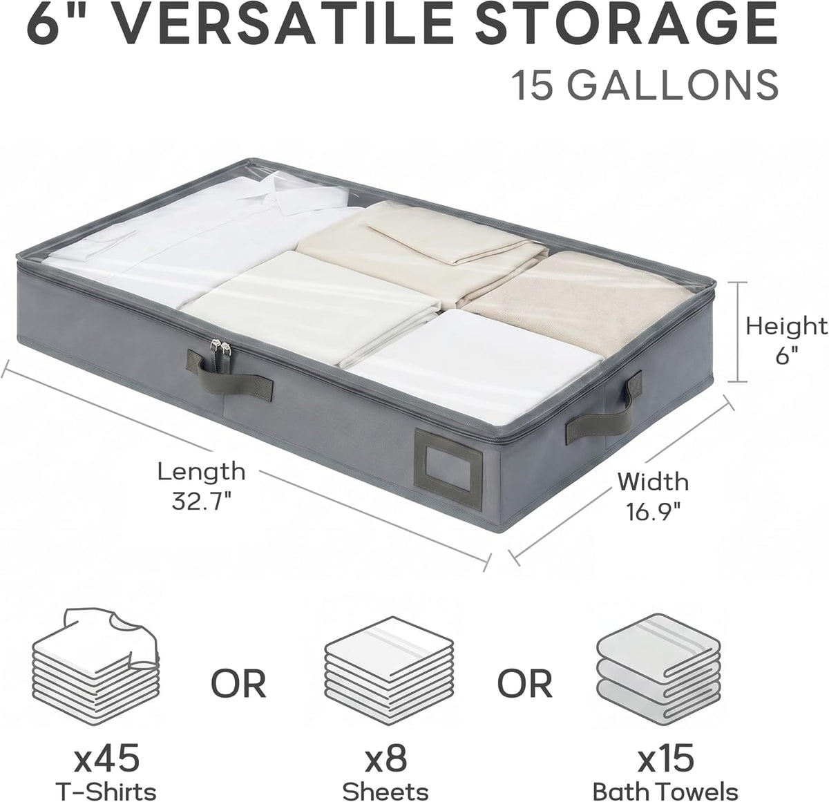 6" Versatile Under Bed Storage Bins (2-Pack, Charcoal Grey), Sturdy 600D Oxford Fabric Clothes Organizer Containers with Matching Vegan Leather Handles for Sweaters, Linens & Bedding