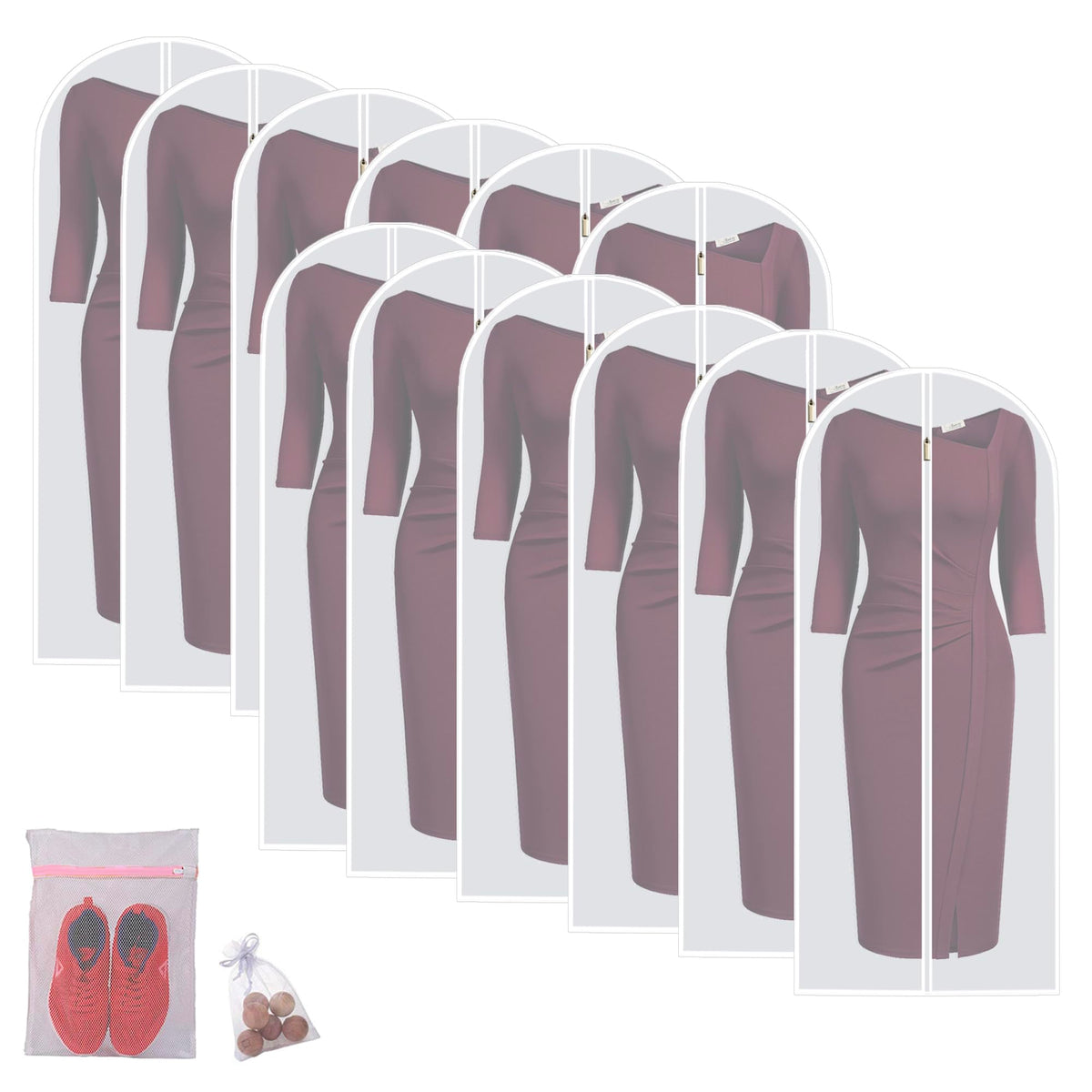 Garment Bags for Hanging Clothes 12 PCS Transparent Waterproof Dustproof Storage for Wardrobe Storage Suit Covers for Closet Cloth Cover Washable Clear Reuse Full Zipper for Suits Gowns 24''x40''