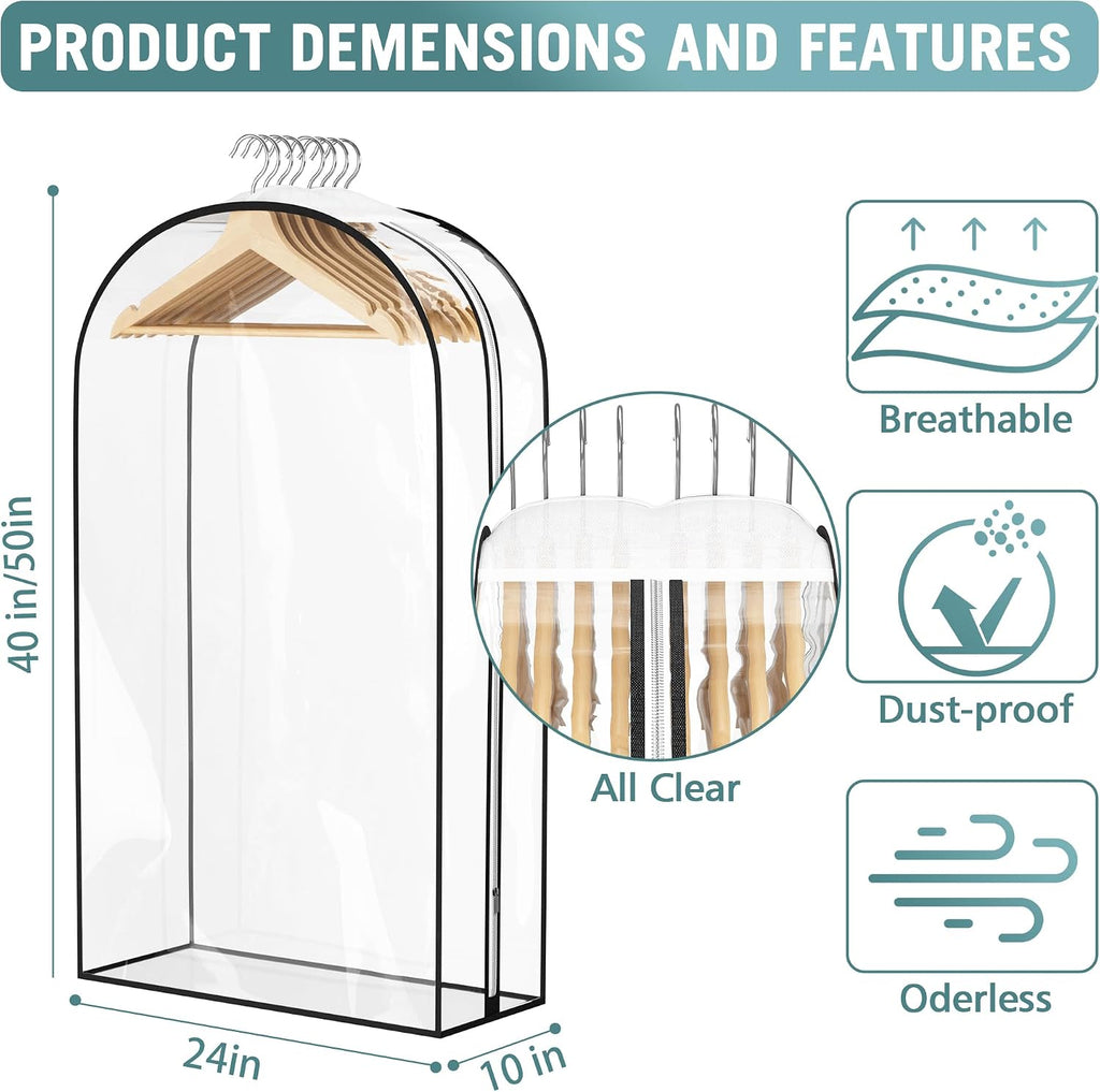 Liuoud Clear Garment Bags for Hanging Clothes 10” Gusseted, 4 Pack, 40”&50”