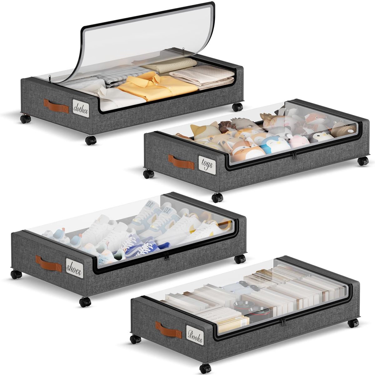 Yecaye 60L Under Bed Storage with Wheels, 2 Pack, Black