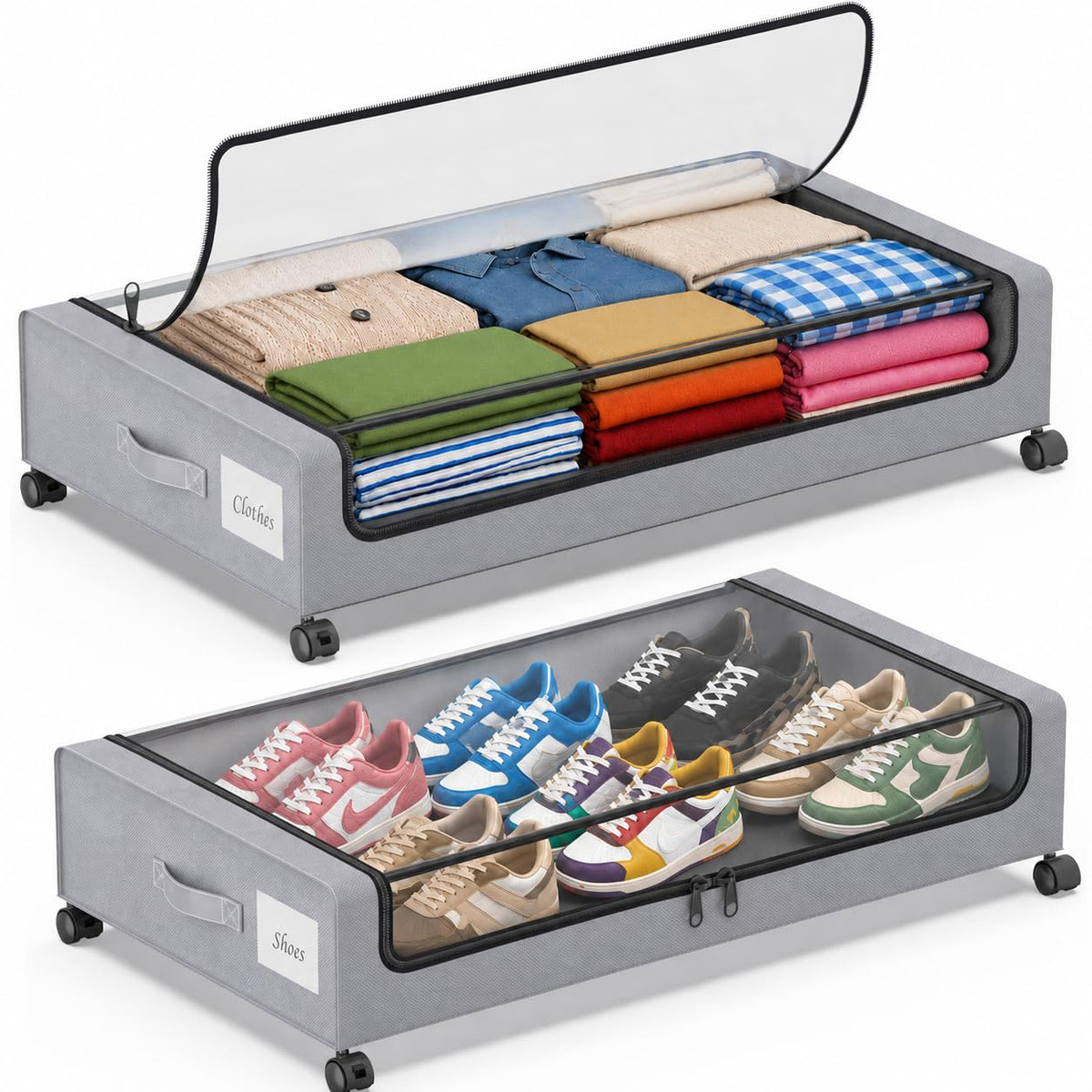 Under Bed Storage with Wheels, 2 Pack Under Bed Storage Containers with Clear Lids, 68L Underbed Shoe Storage Organizer Bins, Rolling Under Bed Metal Drawer for Blanket, Clothes, Shoes, Toys - Black