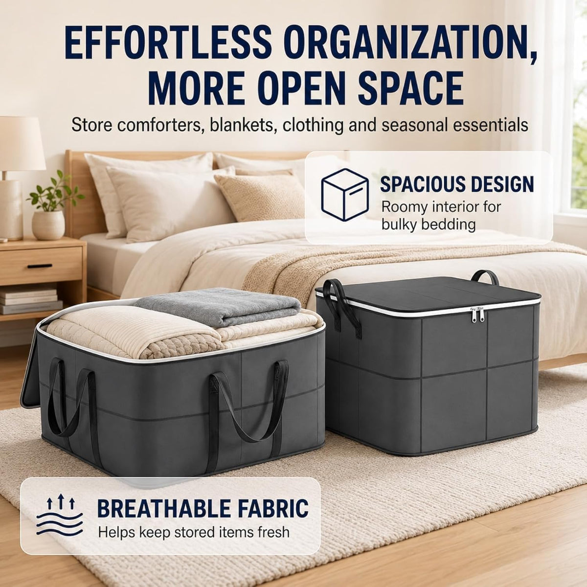 2027 Upgraded XXL Foldable Storage Bag with Reinforced Handles, 220L Fabric Organizer, Portable Moving Storage Bags with Zipper for Bedding, Clothes, Quilts & Moving (3, XXL: 23.6x19.7x27.6 in)