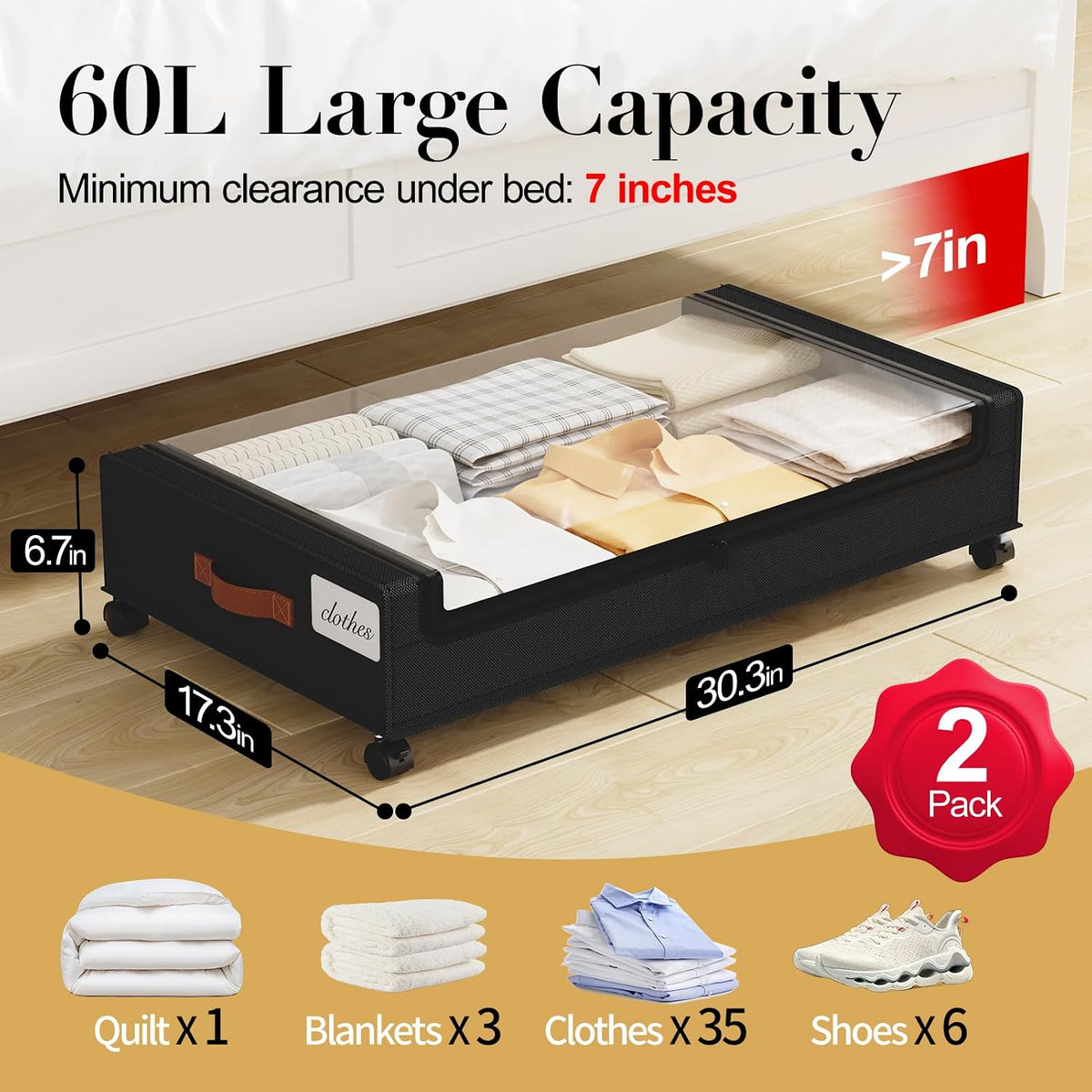 Yecaye 60L Under Bed Storage with Wheels, 2 Pack, Black