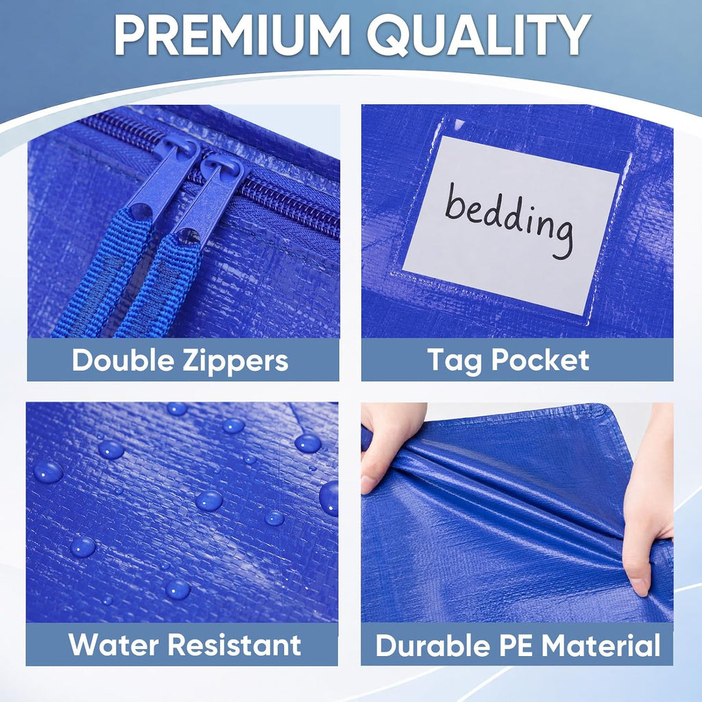 TICONN 6 Pack Extra Large Moving Bags Heavy Duty with Zippers & Carrying Handles, Durable Storage Bags Moving Boxes for Closet Organizers and Storage (6 Pack, Blue)