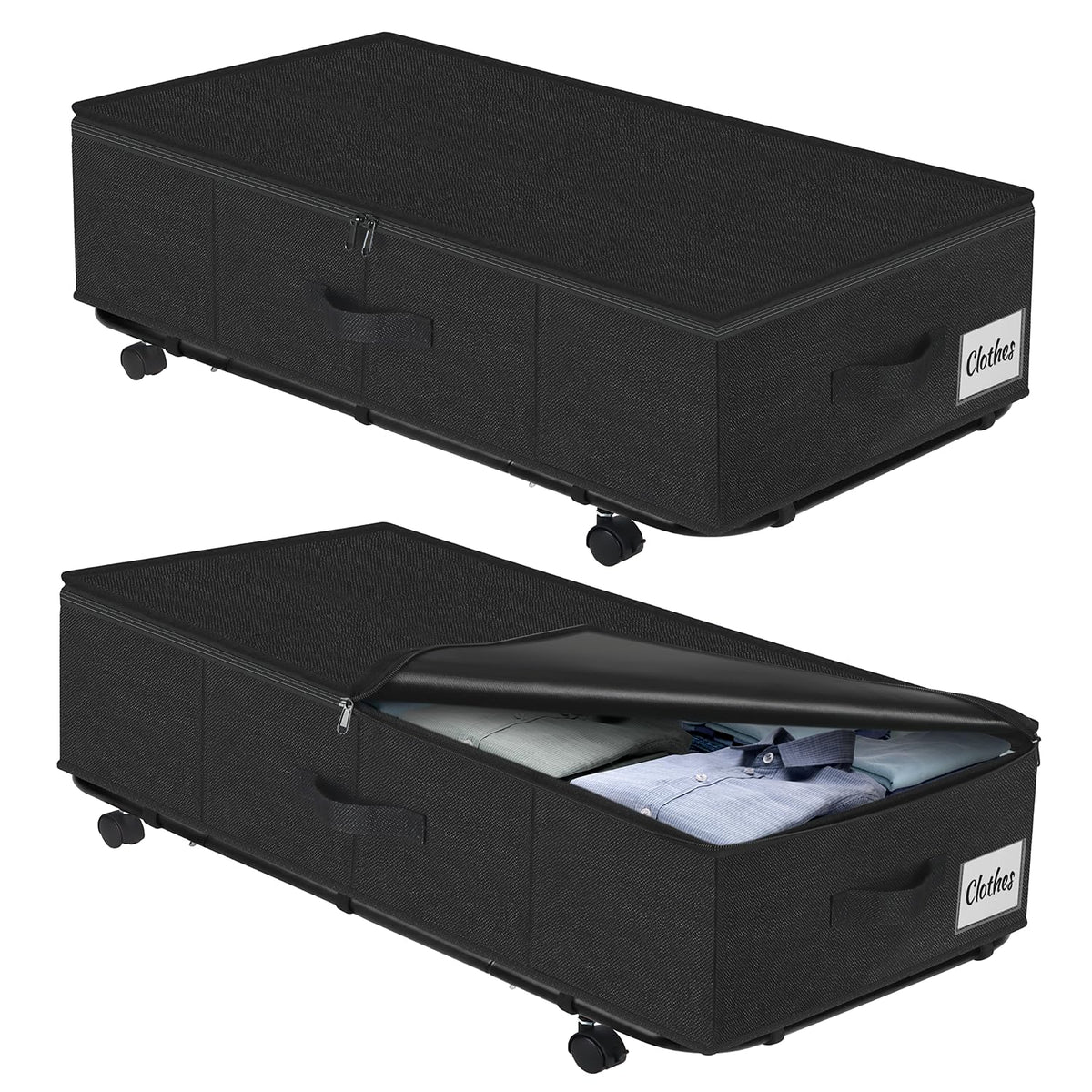Under Bed Storage with Wheels, 2-Pack 10" Height XXL 75L Rolling Storage Bins, Quick Assembly Underbed Shoe Storage Containers with Clear Lid & Label, Dorm Under Bed Drawers for Clothes, Shoes, Black