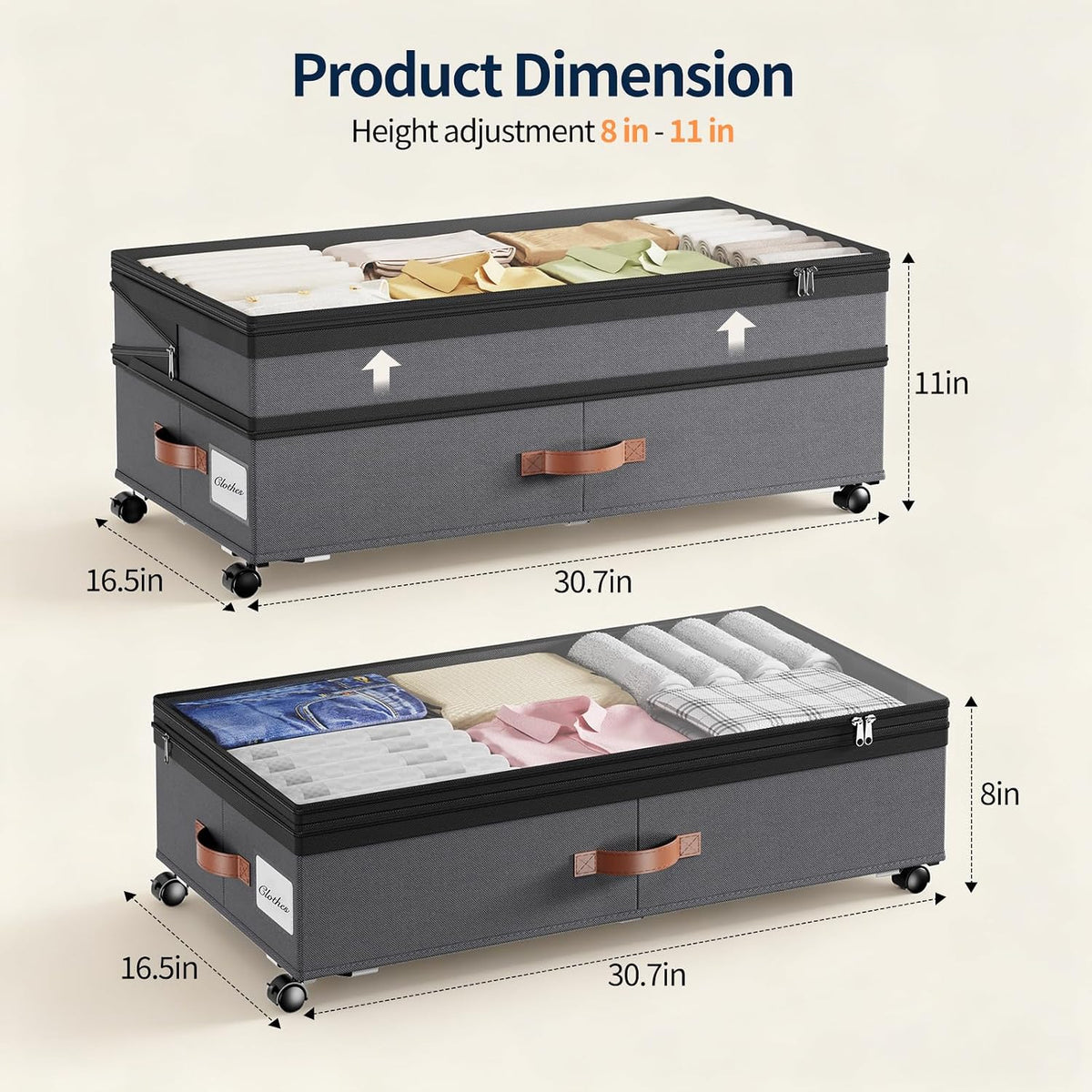 Yecaye 90L Under Bed Storage with Wheels, Height Adjustable, 2 Pack, Grey