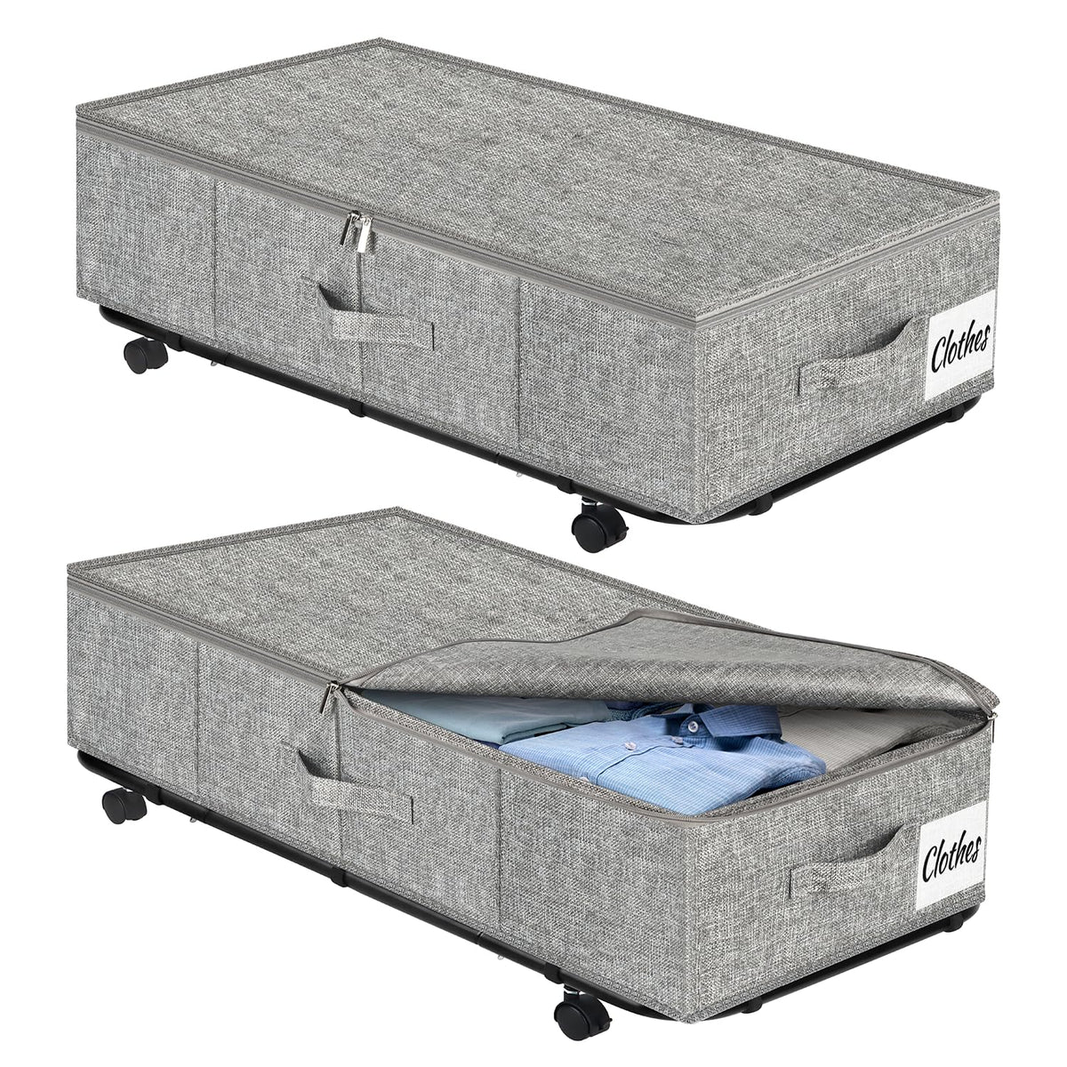 Under Bed Storage with Wheels, 2-Pack 10" Height XXL 75L Rolling Storage Bins, Quick Assembly Underbed Shoe Storage Containers with Clear Lid & Label, Dorm Under Bed Drawers for Clothes, Shoes, Black