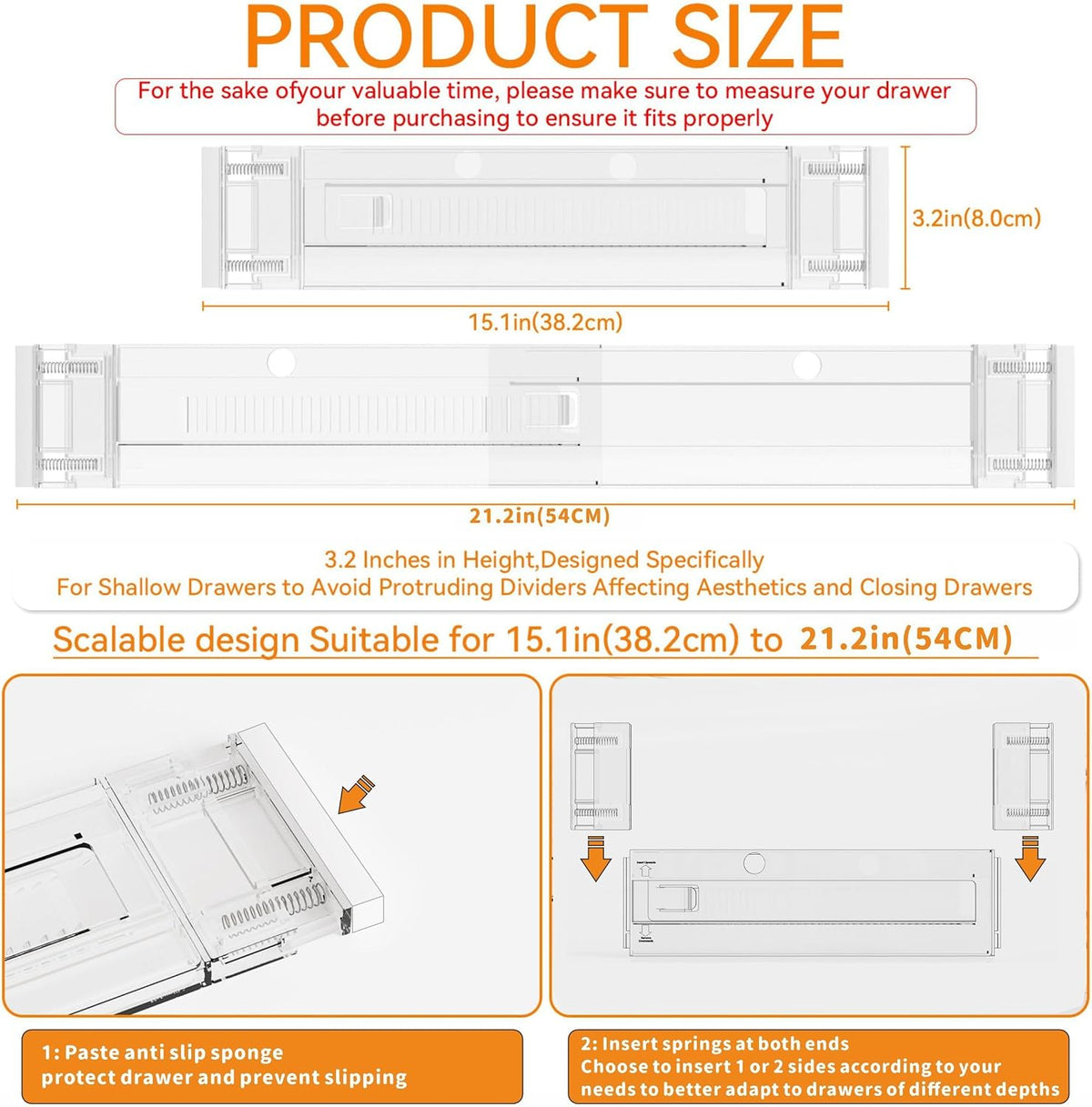 Yieach 4 Pack 3.2 Inch Shallow Acrylic Drawer Dividers for Clothes -Expandable from 15-21''- Adjustable Drawer Dividers for Baby Clothing,Sock,Underwear,Clear in Drawer Separators for Dresser,Kitchen