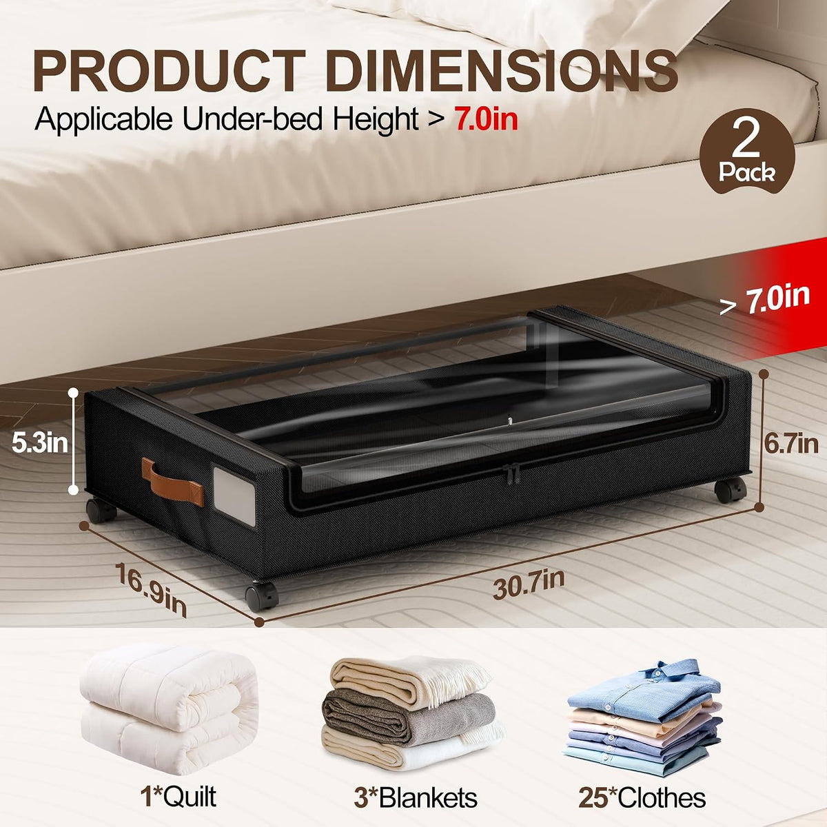 LAMU Under Bed Storage with Wheels, 2Pack Underbed Storage Containers,Black