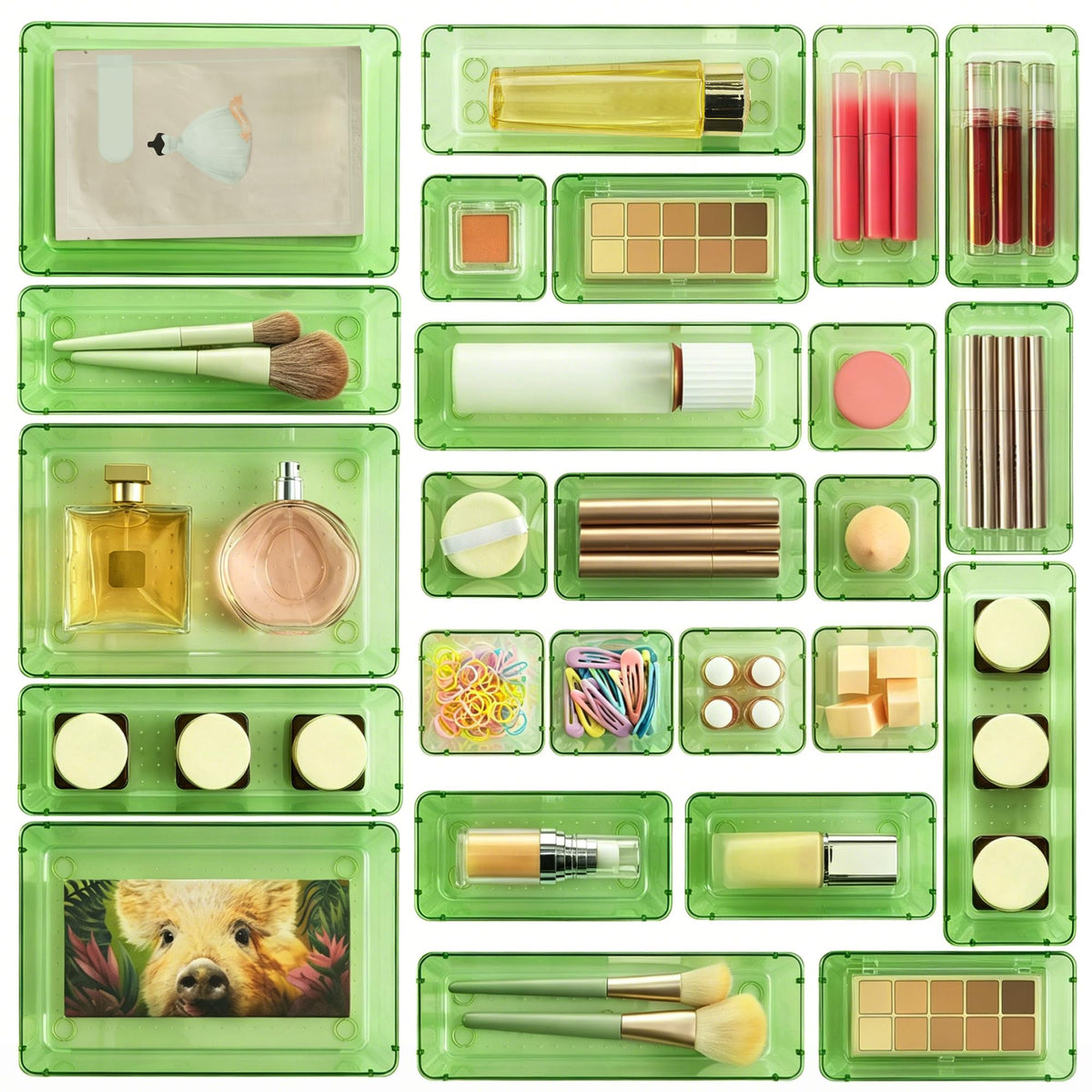Vtopmart 25 PCS Clear Plastic Drawer Organizers Set, 4-Size Versatile Bathroom and Vanity Drawer Organizer Trays, Storage Bins for Makeup, Bedroom, Kitchen Gadgets Utensils and Office