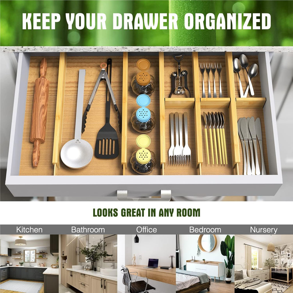 ANTOWIN Bamboo Drawer Dividers Organizers, Drawer Separators Splitter,13-17 inches Long Adjustable Spring-loaded Organizer for Large Utensil, Clothes, Tools Drawers (4+3)