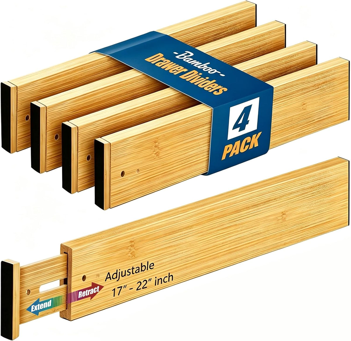 4 Pack Bamboo Drawer Divider, 17-22" Adjustable Organizers