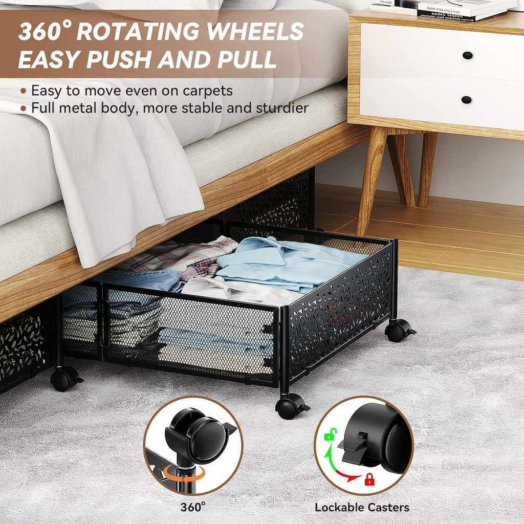 PHINOX Under Bed Storage Container with wheels,Patterned,Metal,2 Pack,Black
