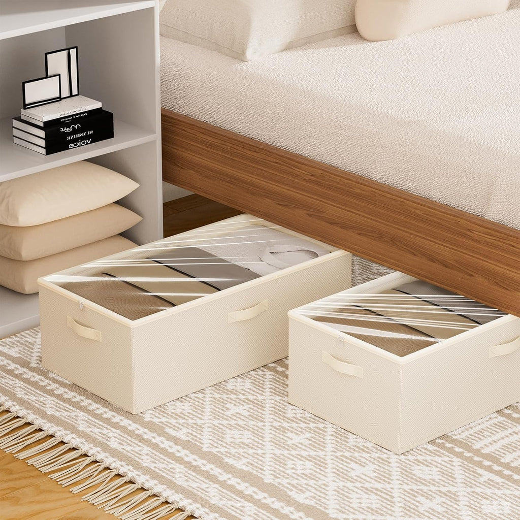 10inch 3 Pack Under Bed Storage Containers, 10 Inch Tall Underbed Clothes Storage Organizer Bin with Clear Window，Foldable Box Basket for Clothes, Closet, Bed Sheets and Blankets Beige
