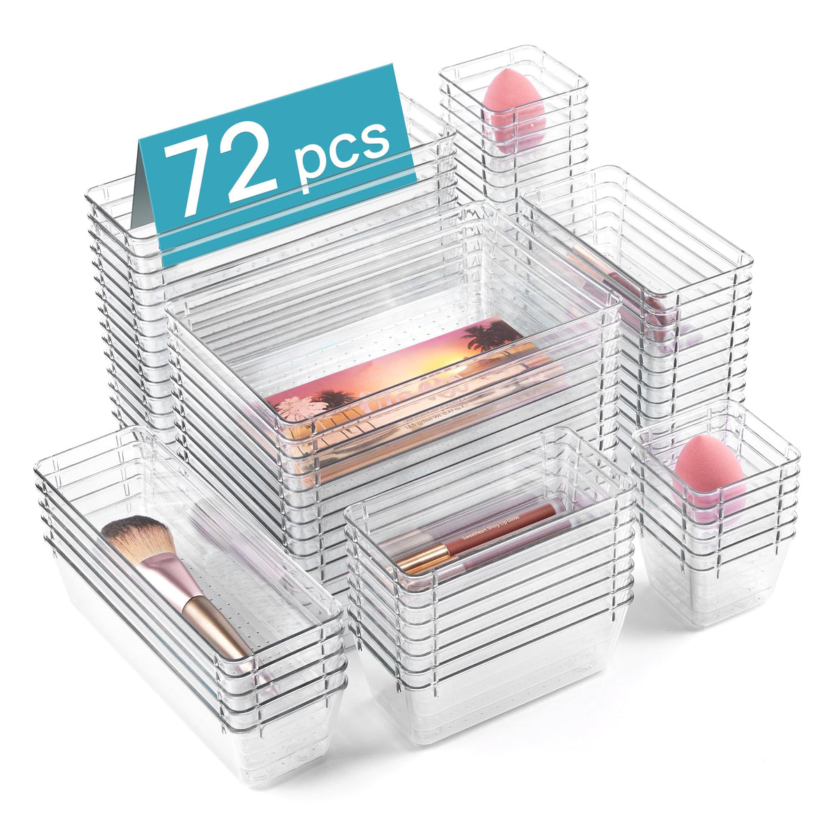 Vtopmart 25 PCS Clear Plastic Drawer Organizers Set, 4-Size Versatile Bathroom and Vanity Drawer Organizer Trays, Storage Bins for Makeup, Bedroom, Kitchen Gadgets Utensils and Office
